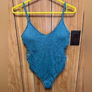 PINK Victoria's Secret Teal Ribbed One-Piece Swimsuit with Side Cutouts